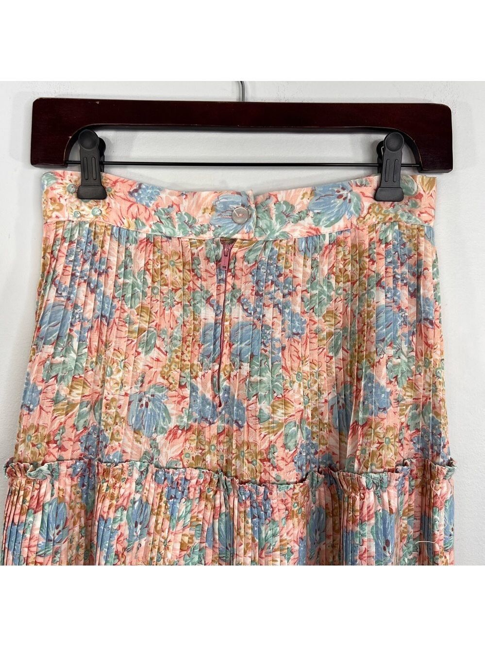 Vintage 70s boho cottagecore coral pink blue floral plisse tiered midi skirt - Picture 7 of 15